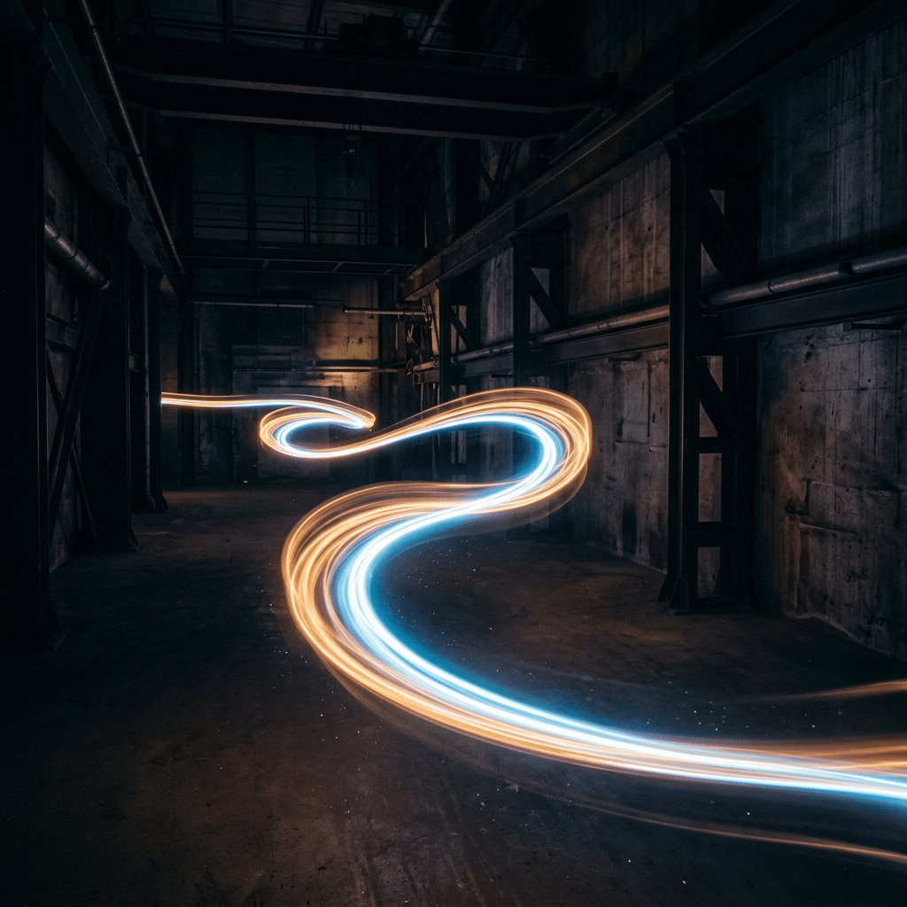 Curving light trail blending blue and orange hues in a dim industrial warehouse